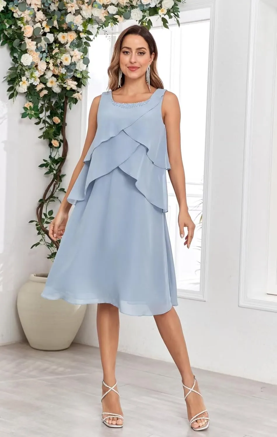 2 Piece Mother of The Bride Dresses for Wedding with Jacket Ruffle Petite Formal Evening Gown for Women