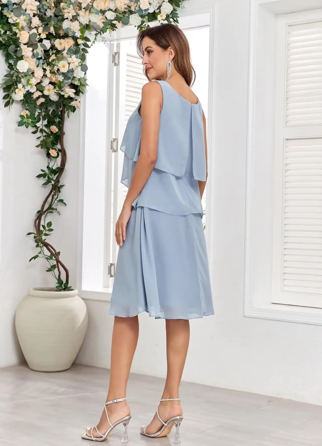 2 Piece Mother of The Bride Dresses for Wedding with Jacket Ruffle Petite Formal Evening Gown for Women