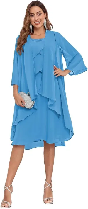 2 Piece Mother of The Bride Dresses for Wedding with Jacket Ruffle Petite Formal Evening Gown for Women
