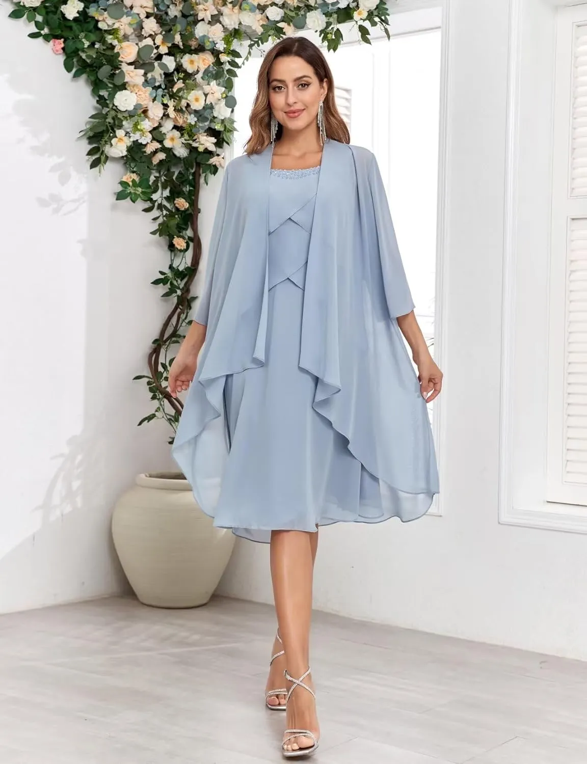 2 Piece Mother of The Bride Dresses for Wedding with Jacket Ruffle Petite Formal Evening Gown for Women