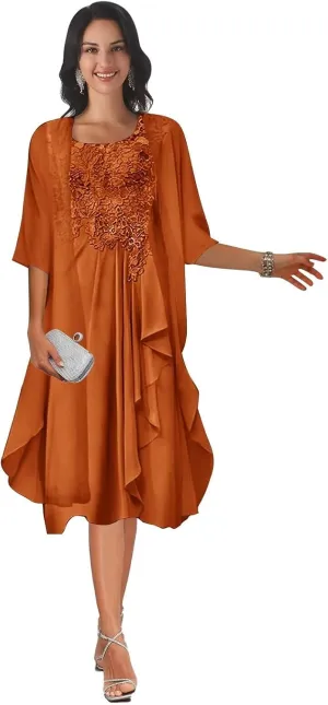 2 Piece Tea Length Mother of The Bride Dresses with Jacket Scoop Neck Lace Applique Chiffon Formal Dresses