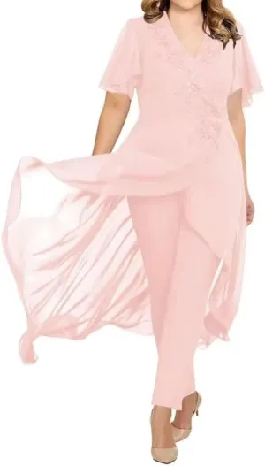 2 Pieces Mother of The Bride Dresses Pant Suits for Wedding V Neck Chiffon Evening Gowns Formal Dress