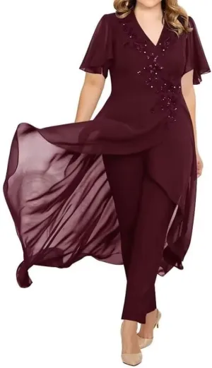 2 Pieces Mother of The Bride Dresses Pant Suits for Wedding V Neck Chiffon Evening Gowns Formal Dress