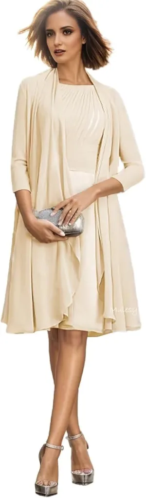 2 Pieces Tea Length Mother of The Bride Dresses for Wedding 3/4 Sleeves Pleated Chiffon Formal Evening Gowns with Jacket