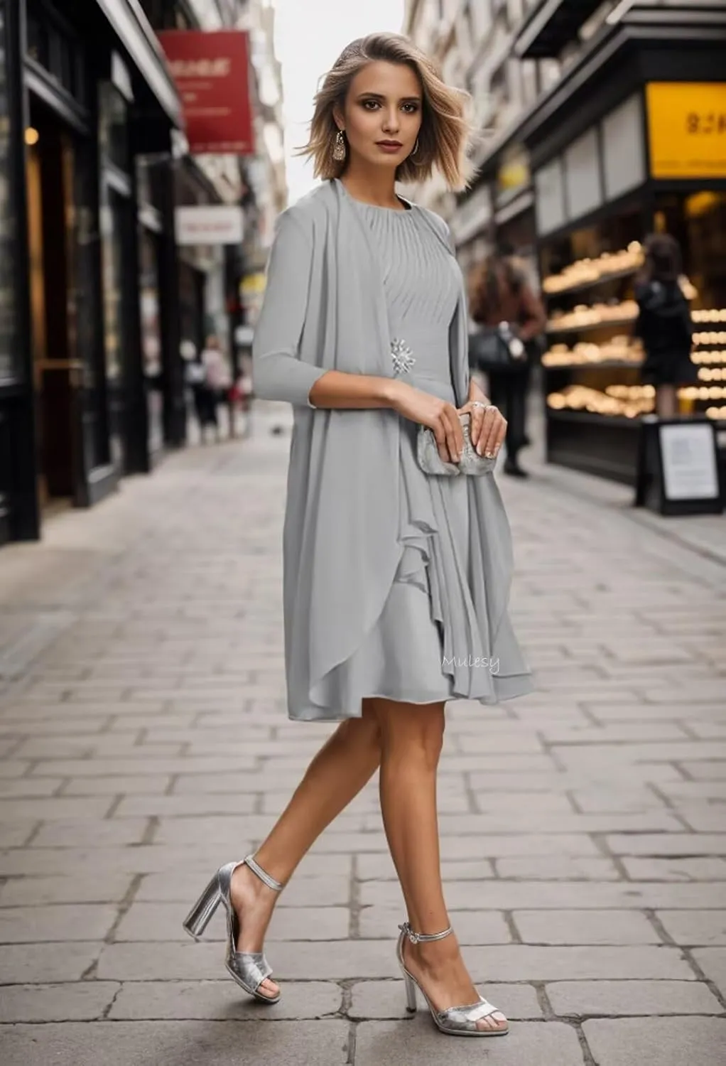 2 Pieces Tea Length Mother of The Bride Dresses for Wedding 3/4 Sleeves Pleated Chiffon Formal Evening Gowns with Jacket