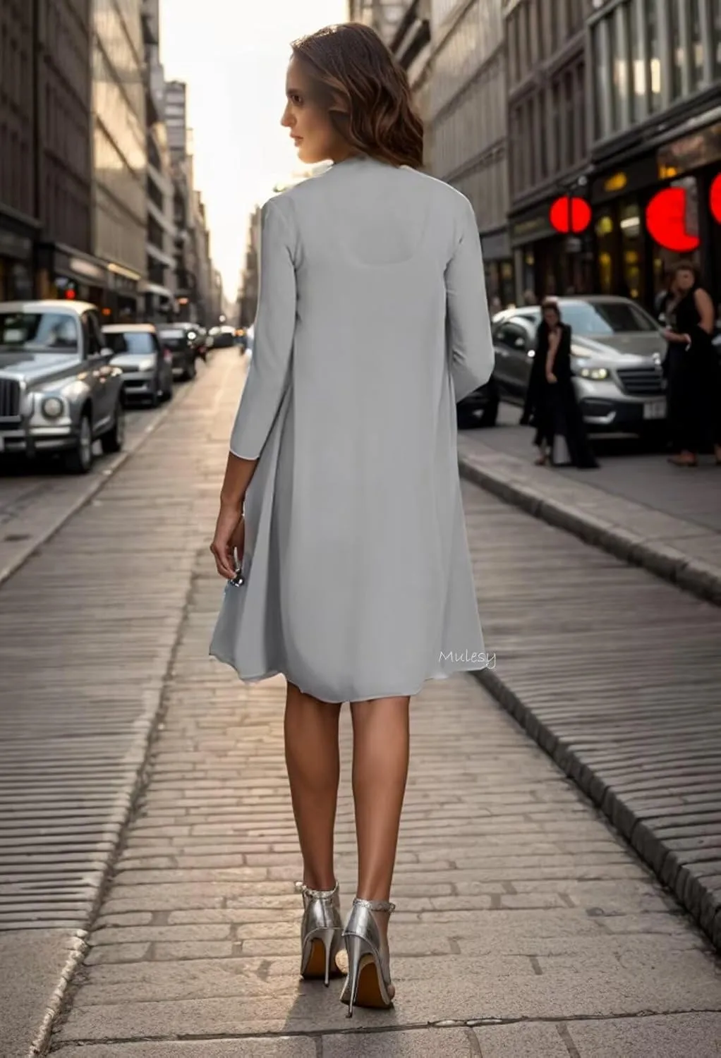 2 Pieces Tea Length Mother of The Bride Dresses for Wedding 3/4 Sleeves Pleated Chiffon Formal Evening Gowns with Jacket