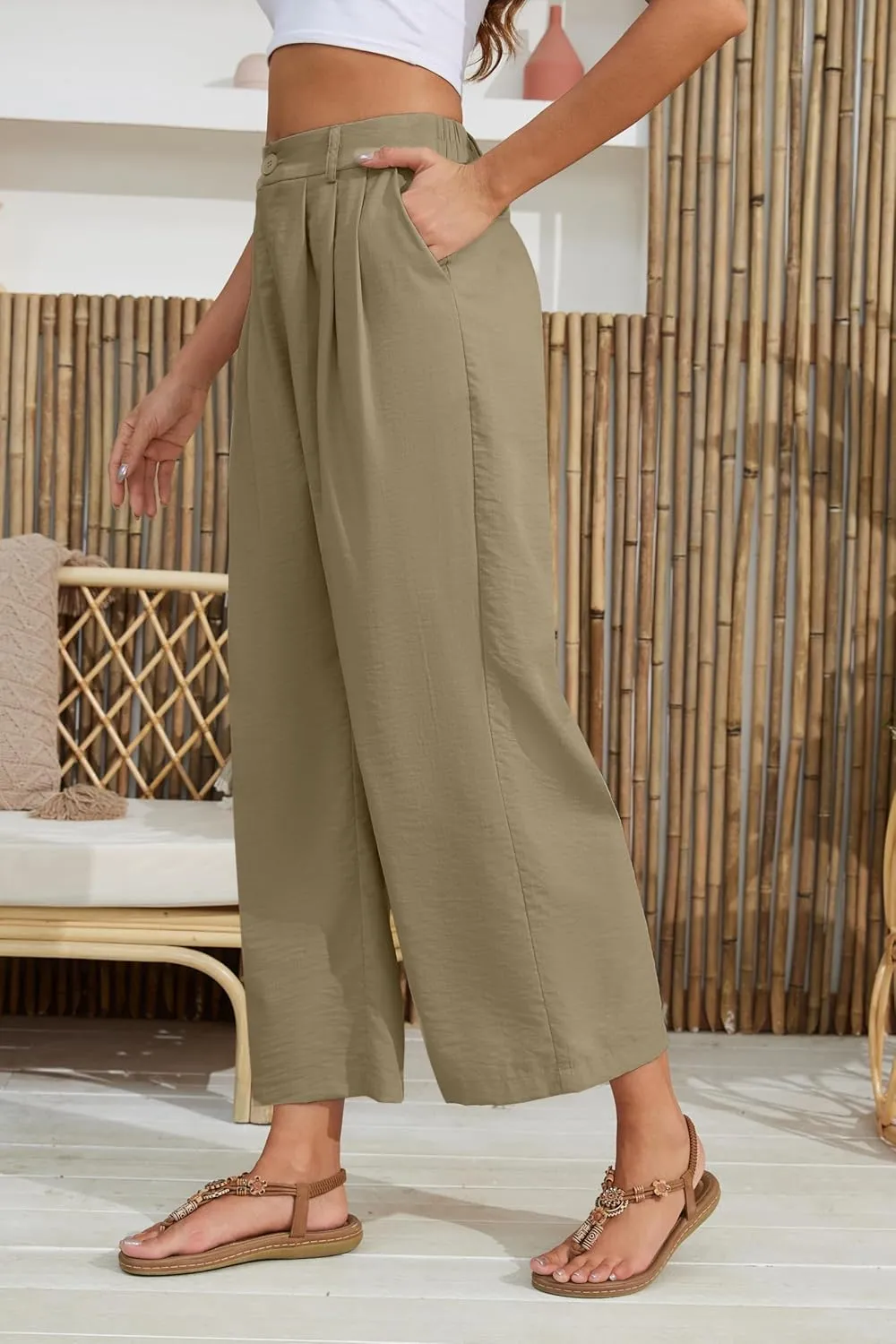2025 Summer for Women Elastic Waist Wide Leg Cropped Pants Trousers Loose Fit with Pockets