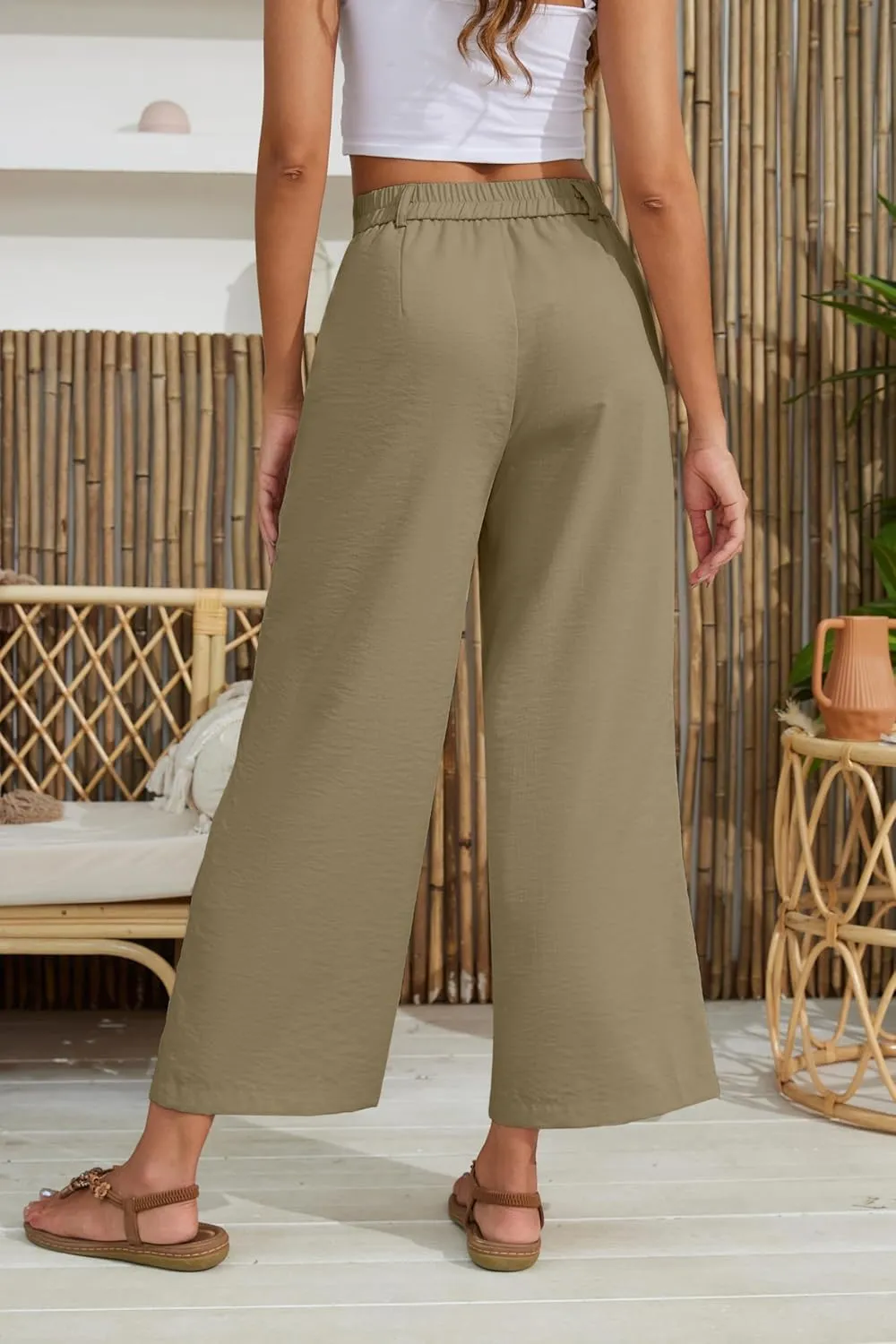 2025 Summer for Women Elastic Waist Wide Leg Cropped Pants Trousers Loose Fit with Pockets