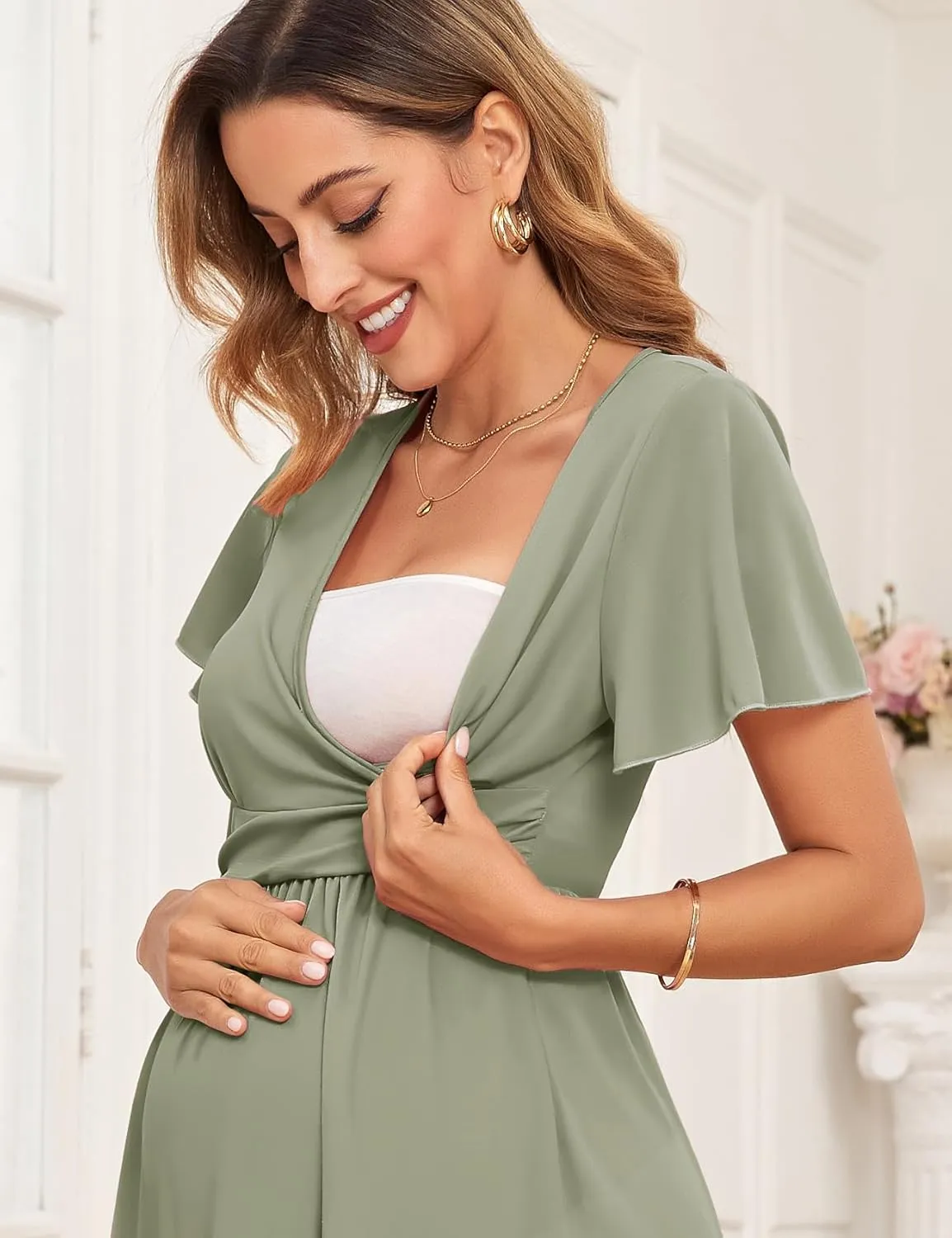 2025 Women's Maternity Maxi Dress Long Sleeve Wrap V Neck Pregnancy Dresses with Pockets Baby Shower Photoshoot Formal