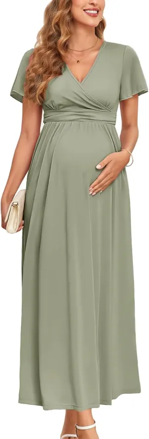 2025 Women's Maternity Maxi Dress Long Sleeve Wrap V Neck Pregnancy Dresses with Pockets Baby Shower Photoshoot Formal
