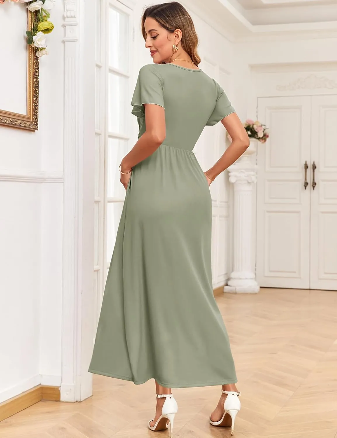 2025 Women's Maternity Maxi Dress Long Sleeve Wrap V Neck Pregnancy Dresses with Pockets Baby Shower Photoshoot Formal