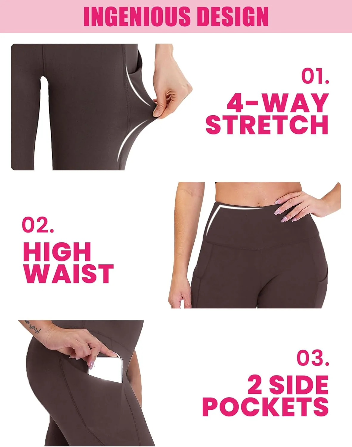 3 Pack Yoga Pants with Pockets for Women, Tummy Control Black Compression Gym Workout Leggings