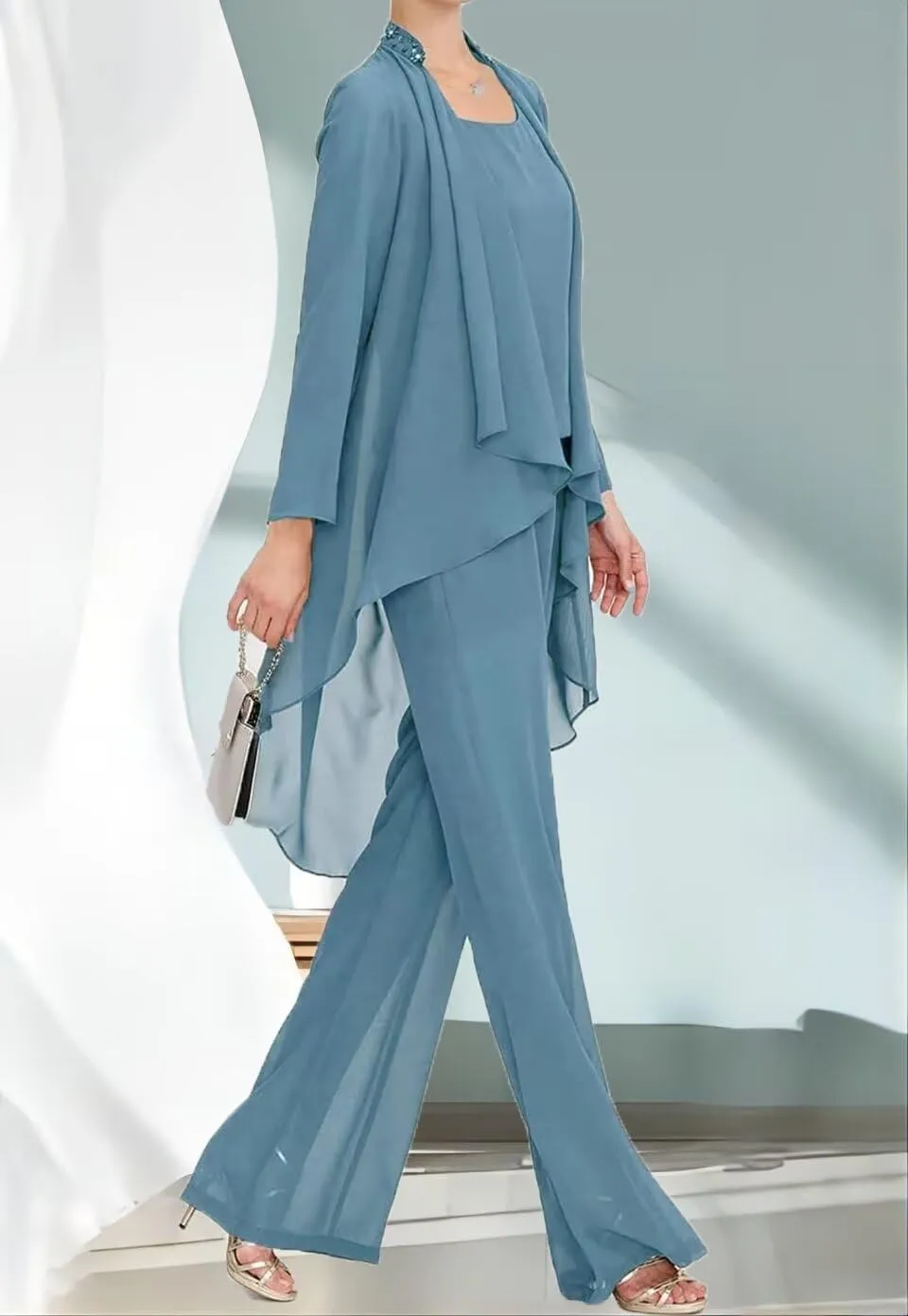 3 Pieces Mother of The Bride Pant Suit for Wedding Guests with Jacket Long Sleeve Formal Evening Party Gowns for Women