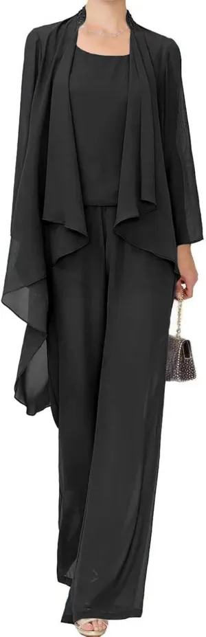 3 Pieces Mother of The Bride Pant Suit for Wedding Guests with Jacket Long Sleeve Formal Evening Party Gowns for Women
