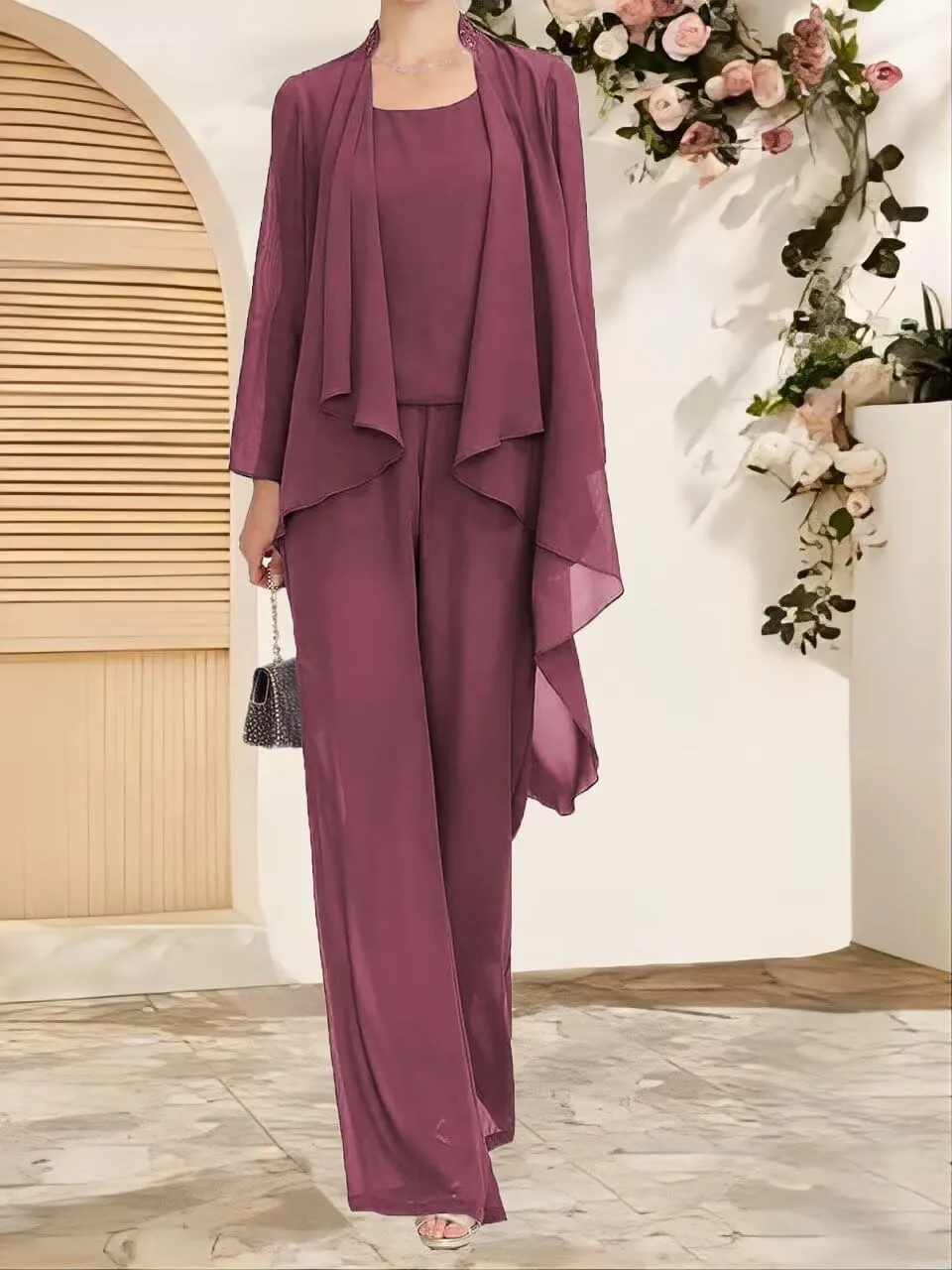 3 Pieces Mother of The Bride Pant Suit for Wedding Guests with Jacket Long Sleeve Formal Evening Party Gowns for Women