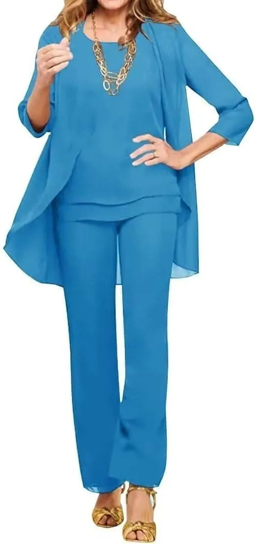 3 Pieces Mother of The Bride Pant Suits for Wedding Long Sleeves Chiffon Outfit Formal Evening Gowns with Jacket MJ005