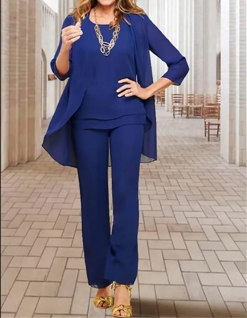 3 Pieces Mother of The Bride Pant Suits for Wedding Long Sleeves Chiffon Outfit Formal Evening Gowns with Jacket MJ005