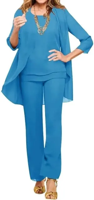 3 Pieces Mother of The Bride Pant Suits for Wedding Long Sleeves Chiffon Outfit Formal Evening Gowns with Jacket MJ005