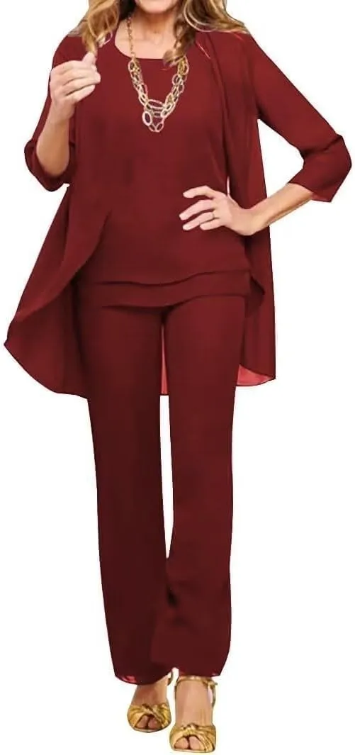 3 Pieces Mother of The Bride Pant Suits for Wedding Long Sleeves Chiffon Outfit Formal Evening Gowns with Jacket MJ005