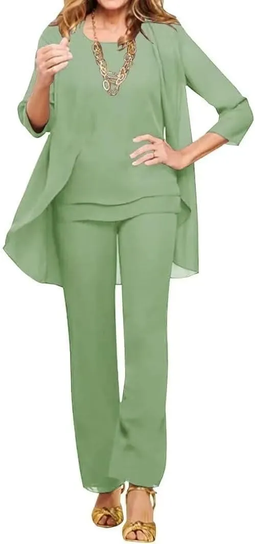 3 Pieces Mother of The Bride Pant Suits for Wedding Long Sleeves Chiffon Outfit Formal Evening Gowns with Jacket MJ005