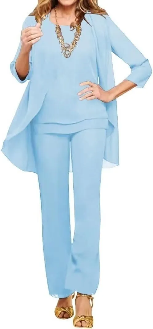 3 Pieces Mother of The Bride Pant Suits for Wedding Long Sleeves Chiffon Outfit Formal Evening Gowns with Jacket MJ005