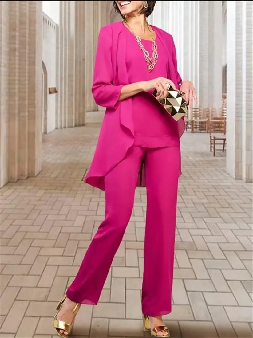 3 Pieces Mother of The Bride Pant Suits for Wedding Long Sleeves Chiffon Outfit Formal Evening Gowns with Jacket MJ005
