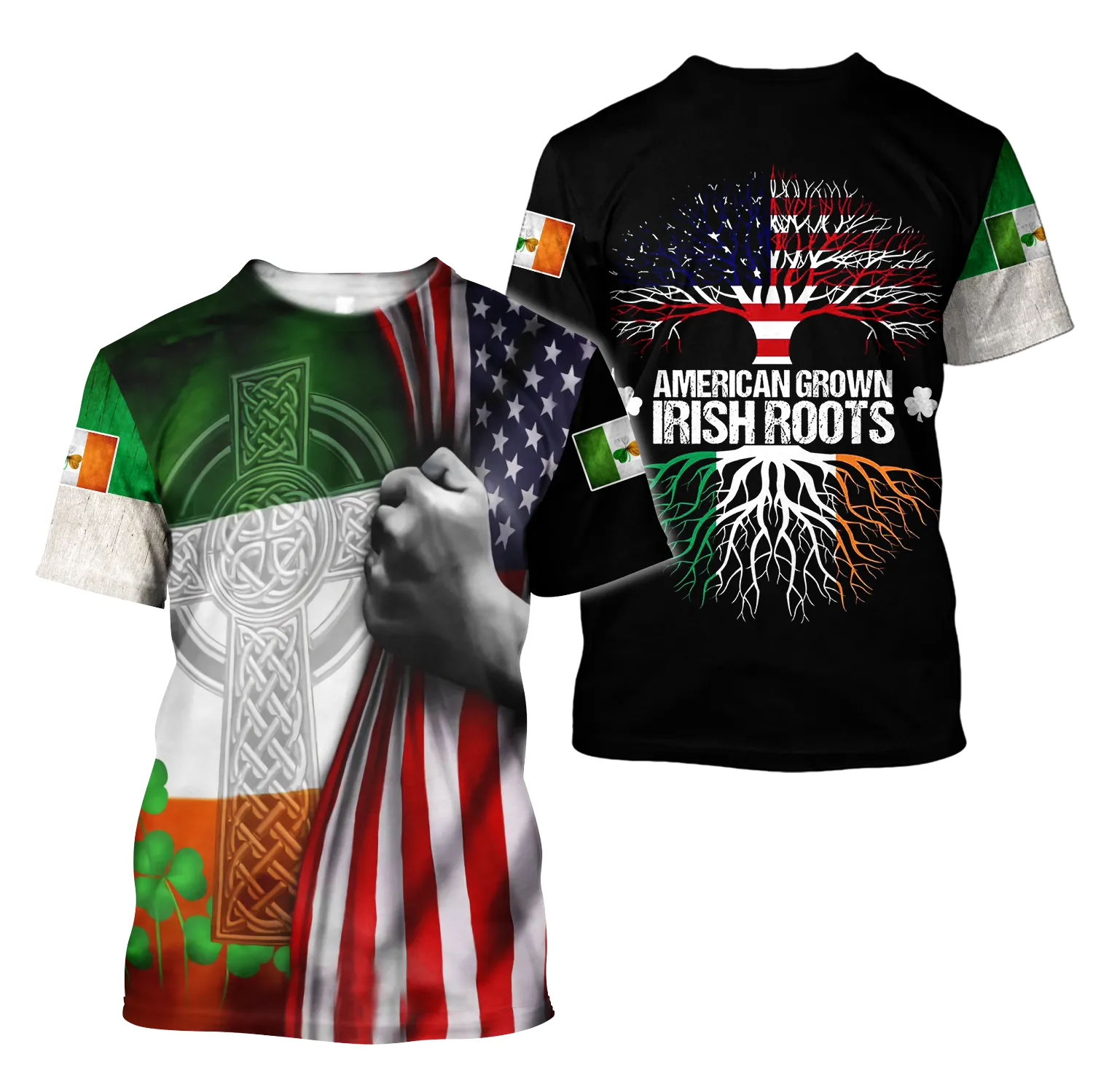 3D Print American Grown Irish Roots Tree Flag Saint Patrick's Day Shirt, Irish Shirt, USA Flag Shirt