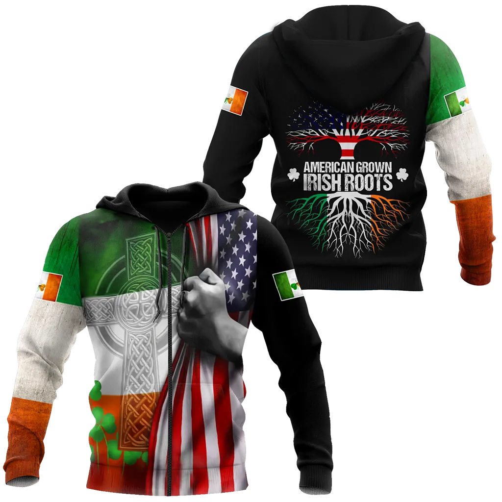 3D Print American Grown Irish Roots Tree Flag Saint Patrick's Day Shirt, Irish Shirt, USA Flag Shirt