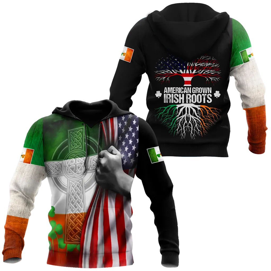 3D Print American Grown Irish Roots Tree Flag Saint Patrick's Day Shirt, Irish Shirt, USA Flag Shirt