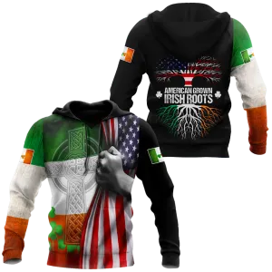3D Print American Grown Irish Roots Tree Flag Saint Patrick's Day Shirt, Irish Shirt, USA Flag Shirt