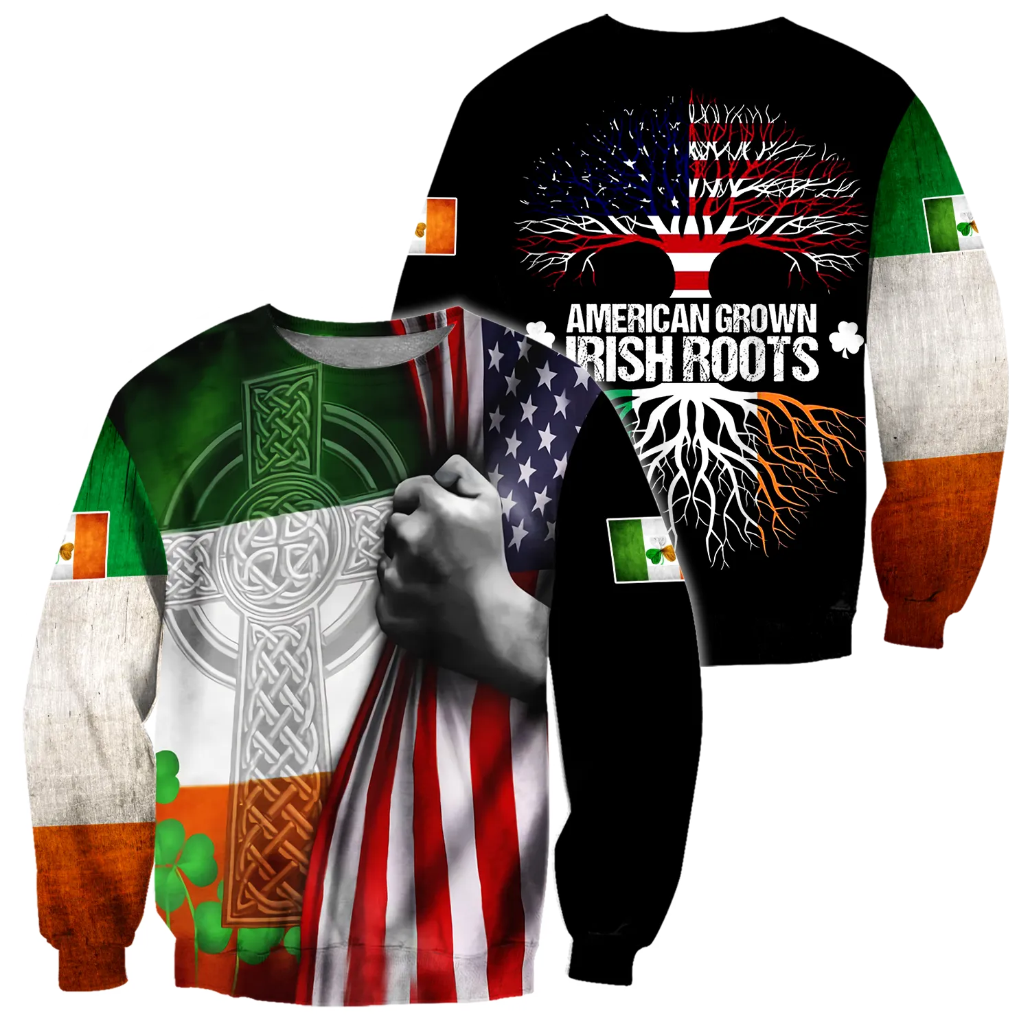3D Print American Grown Irish Roots Tree Flag Saint Patrick's Day Shirt, Irish Shirt, USA Flag Shirt