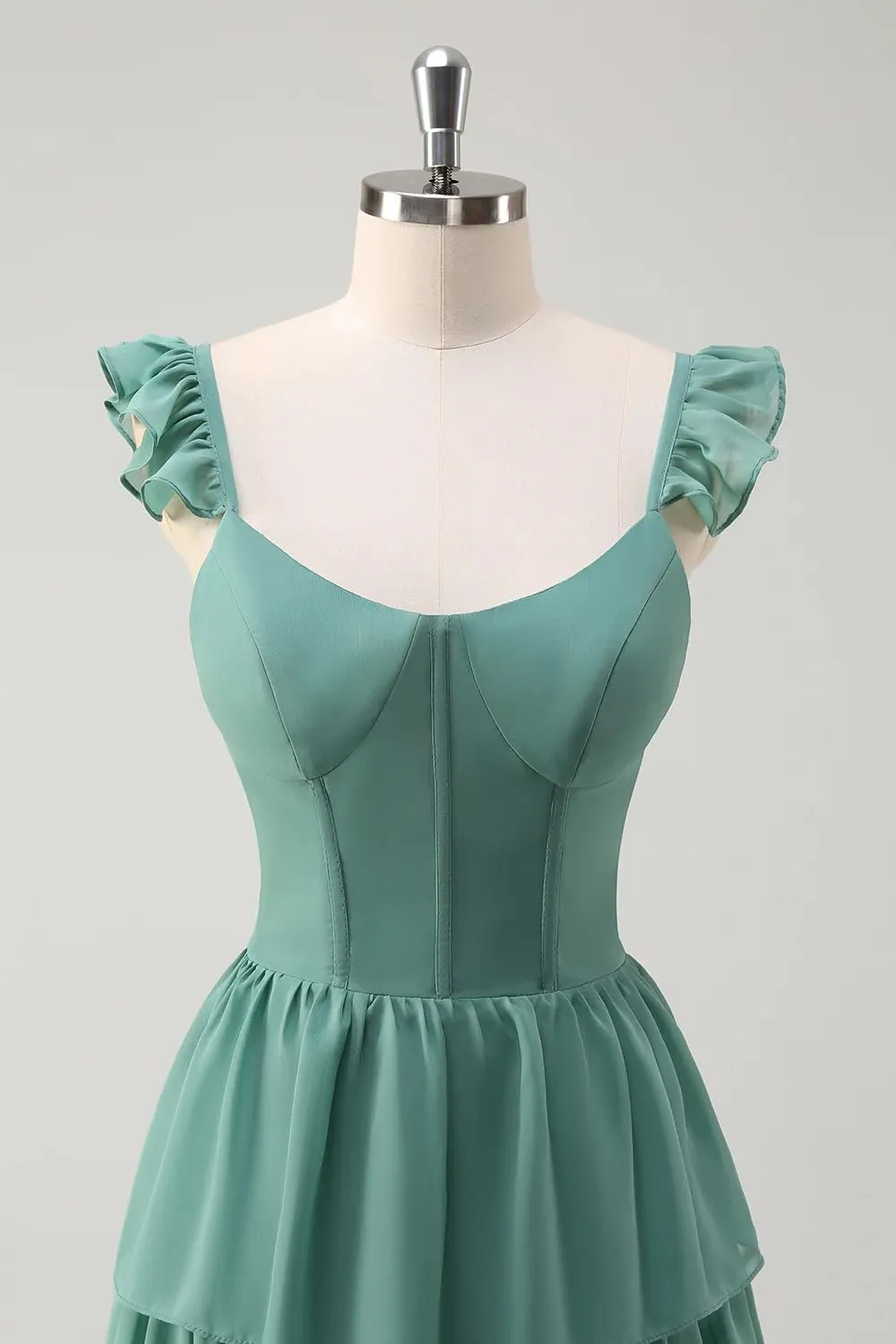 A-Line Chiffon Bridesmaid Dress with Slit Long Pleated Formal Dresses with Spaghetti Straps AU012