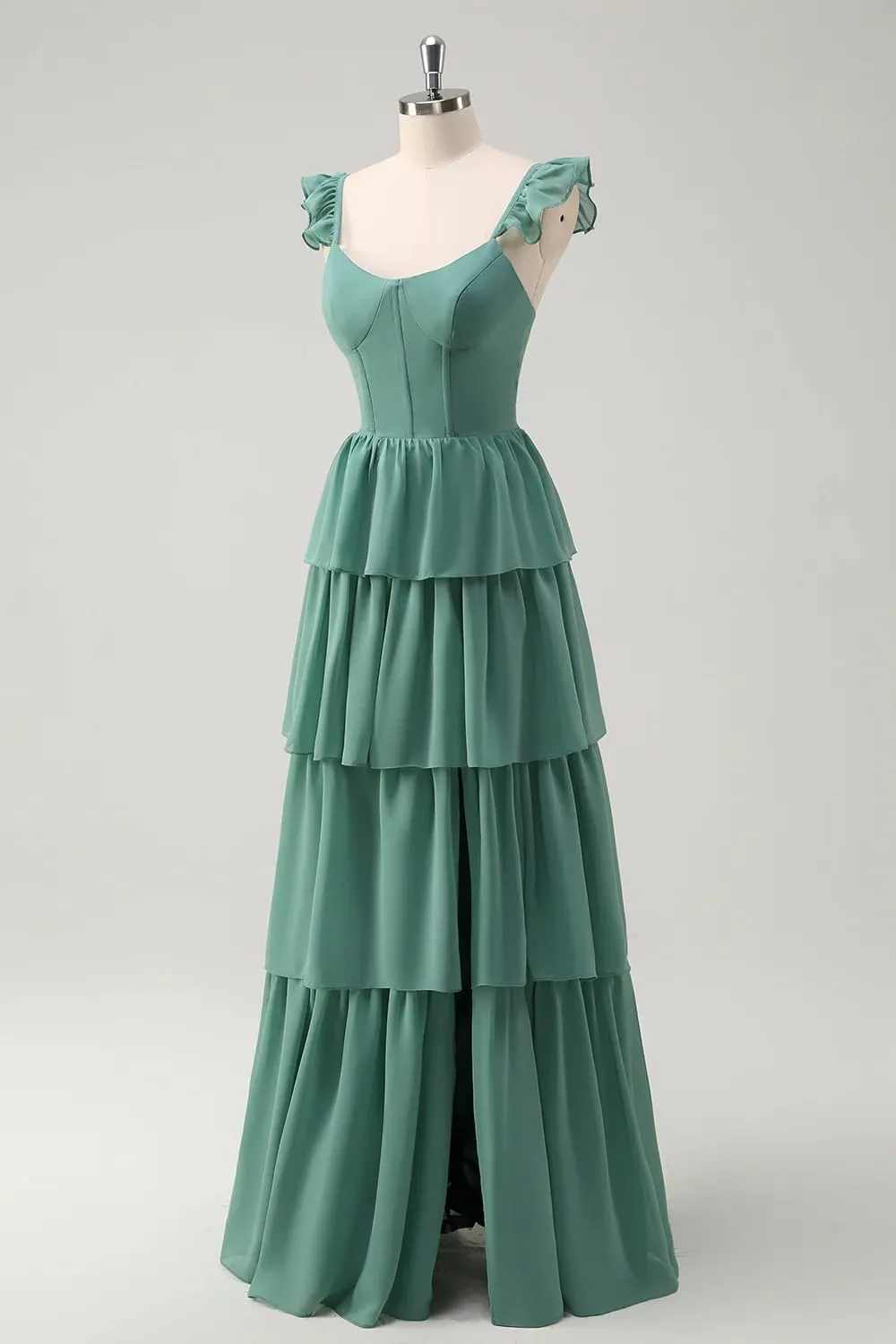 A-Line Chiffon Bridesmaid Dress with Slit Long Pleated Formal Dresses with Spaghetti Straps AU012