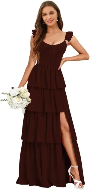 A-Line Chiffon Bridesmaid Dress with Slit Long Pleated Formal Dresses with Spaghetti Straps AU012