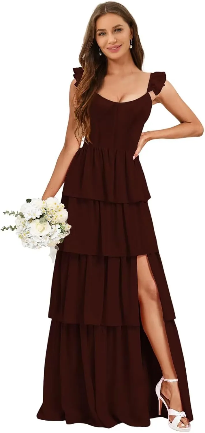 A-Line Chiffon Bridesmaid Dress with Slit Long Pleated Formal Dresses with Spaghetti Straps AU012