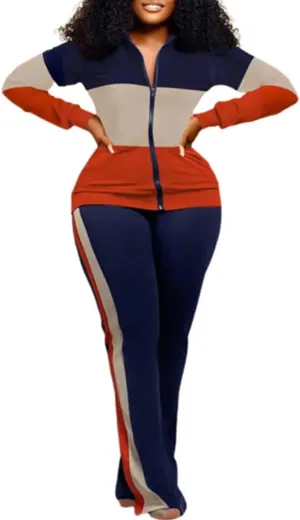 Adogirl Womens Two Piece Outfits Zipper Up Pattern Print Long Sleeve Jogging Weat Suits Matching Jogger Long Pants Set