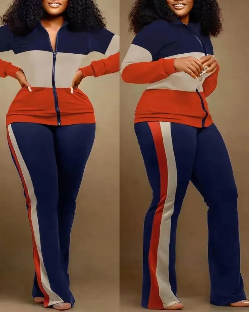 Adogirl Womens Two Piece Outfits Zipper Up Pattern Print Long Sleeve Jogging Weat Suits Matching Jogger Long Pants Set