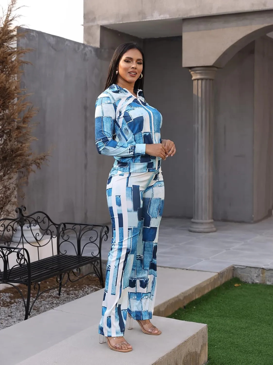 Adogirl Womens Two Piece Outfits Zipper Up Pattern Print Long Sleeve Jogging Weat Suits Matching Jogger Long Pants Set