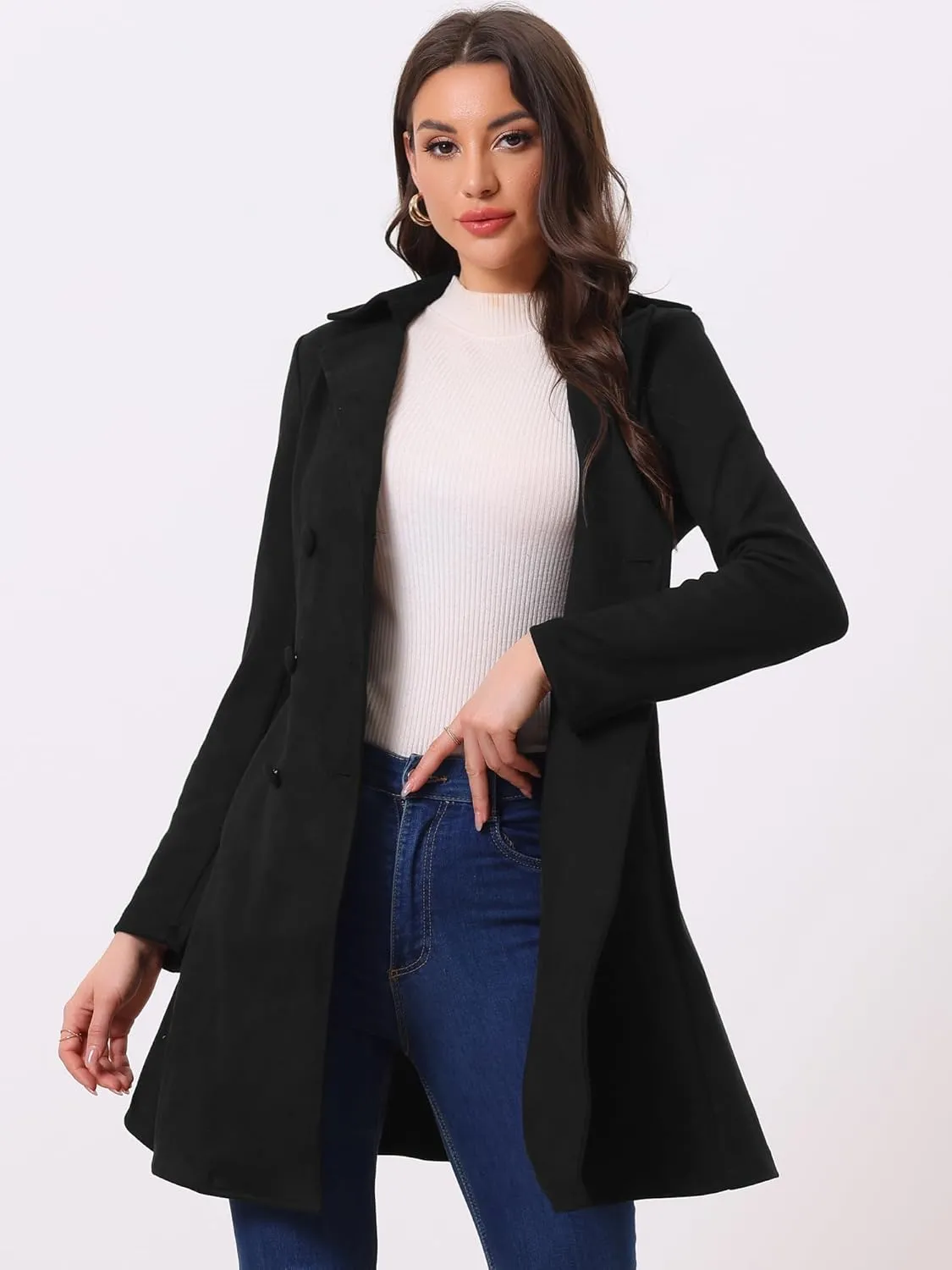Allegra K Women's Faux Suede Jacket Double Breasted Notched Lapel Winter Long Trench Coat