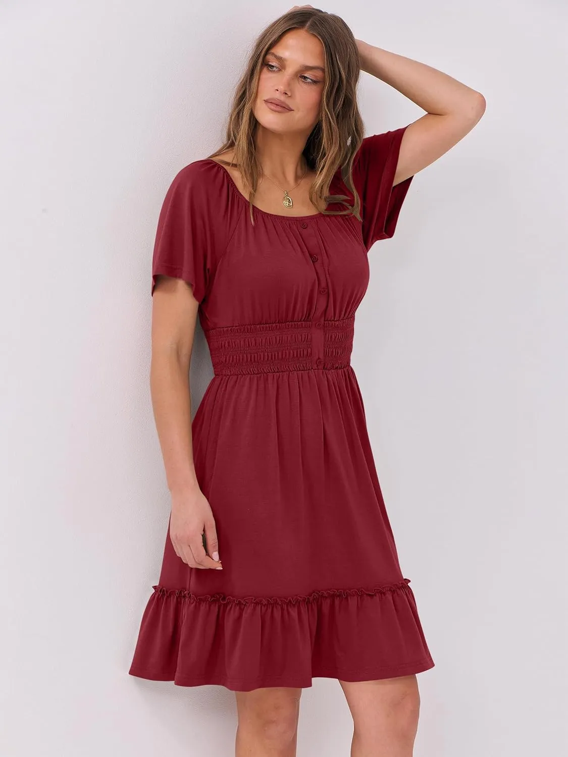 ANRABESS Dresses for Women 2025 Summer Short Sleeve Square Neck Button Down A-Line Casual Vacation Mini Sundress