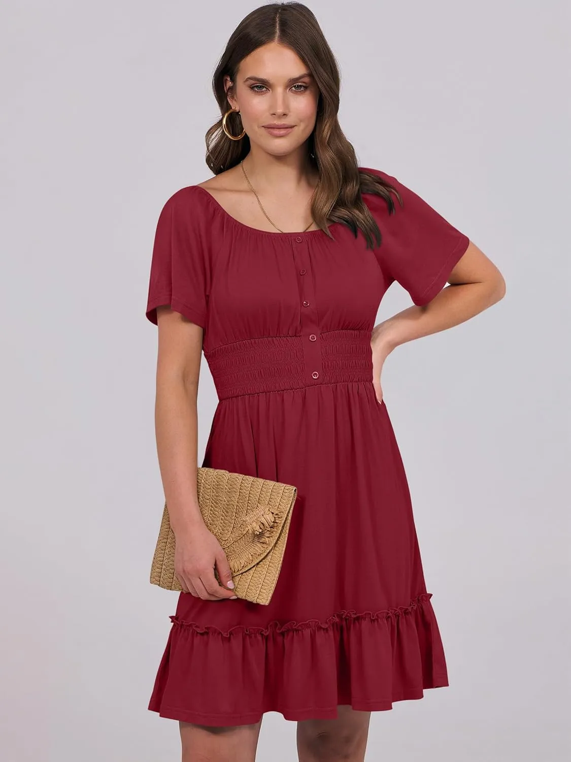 ANRABESS Dresses for Women 2025 Summer Short Sleeve Square Neck Button Down A-Line Casual Vacation Mini Sundress