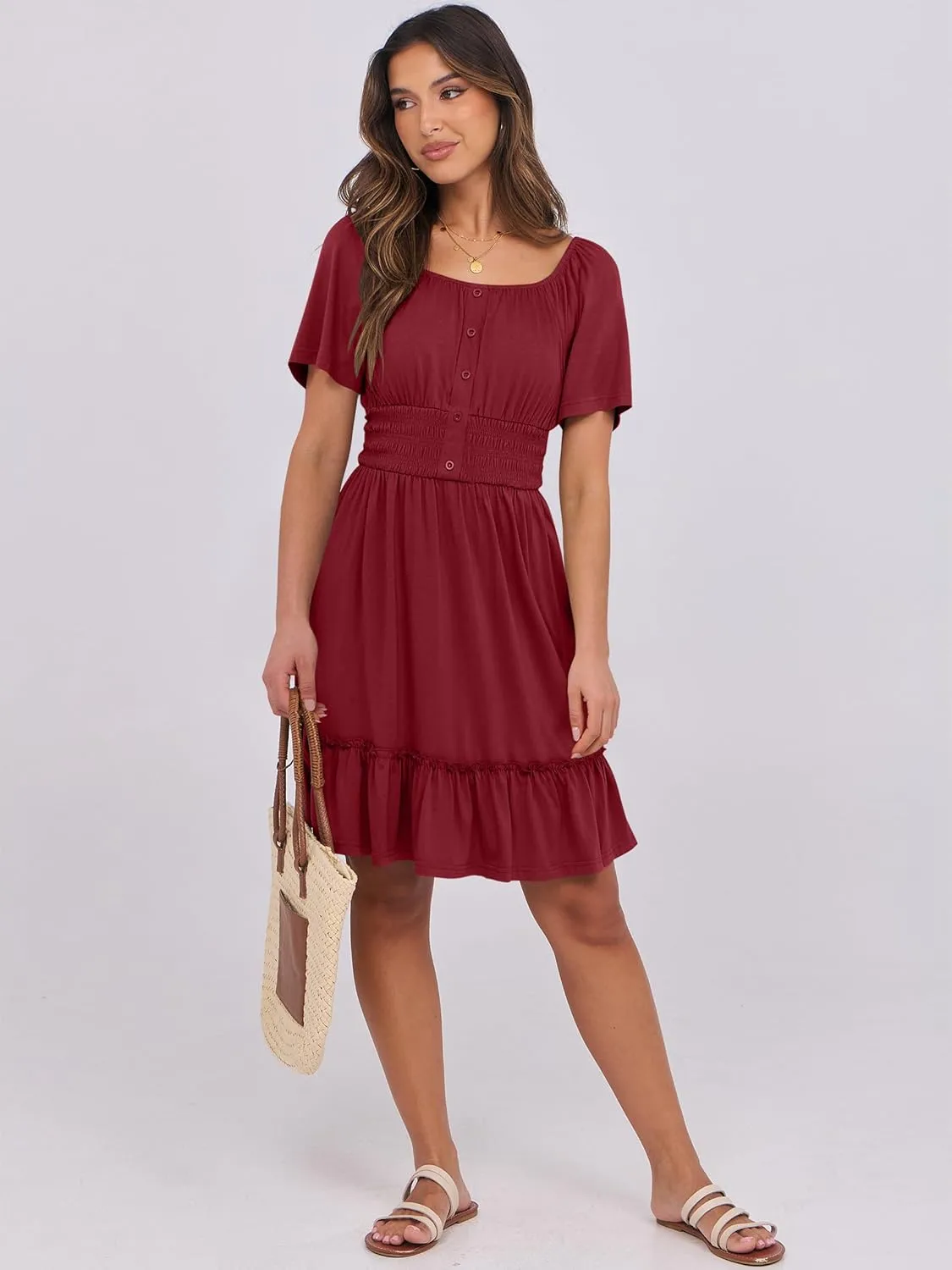 ANRABESS Dresses for Women 2025 Summer Short Sleeve Square Neck Button Down A-Line Casual Vacation Mini Sundress