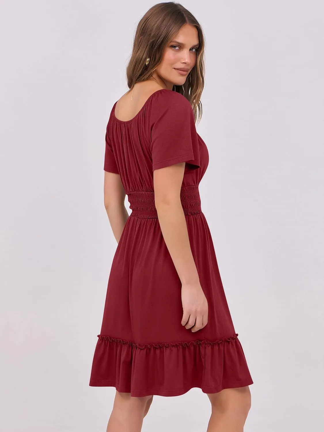 ANRABESS Dresses for Women 2025 Summer Short Sleeve Square Neck Button Down A-Line Casual Vacation Mini Sundress
