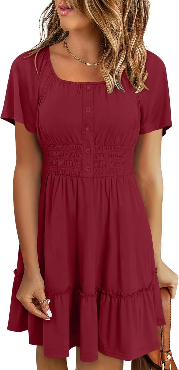 ANRABESS Dresses for Women 2025 Summer Short Sleeve Square Neck Button Down A-Line Casual Vacation Mini Sundress