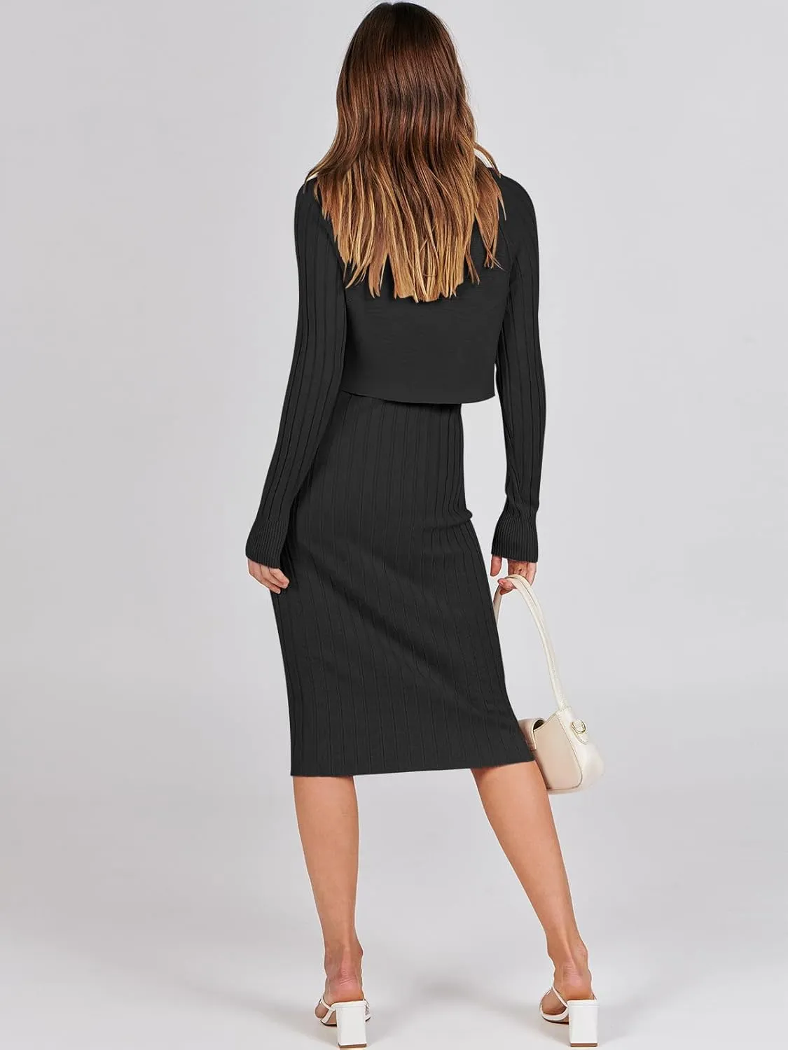 ANRABESS Womens 2 Piece Outfits Sweater Dresses Set Midi Skirt Sets Long Sleeve Crop Top Bodycon Ribbed Knit Dress 2024 Fall