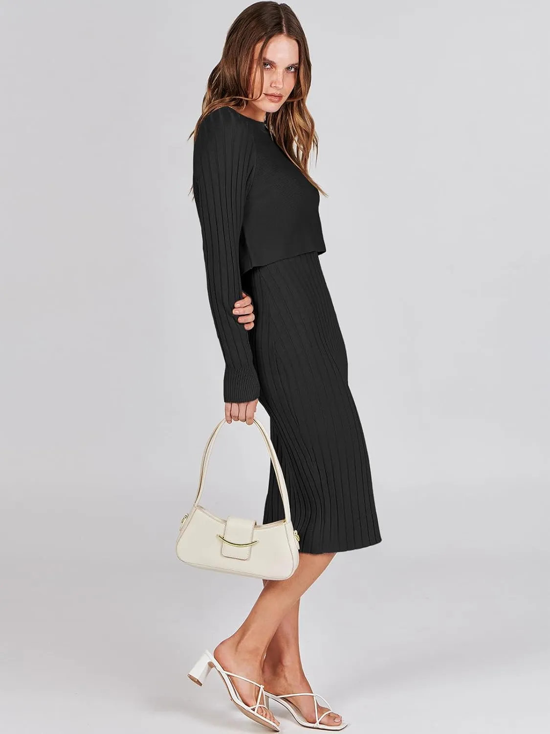 ANRABESS Womens 2 Piece Outfits Sweater Dresses Set Midi Skirt Sets Long Sleeve Crop Top Bodycon Ribbed Knit Dress 2024 Fall