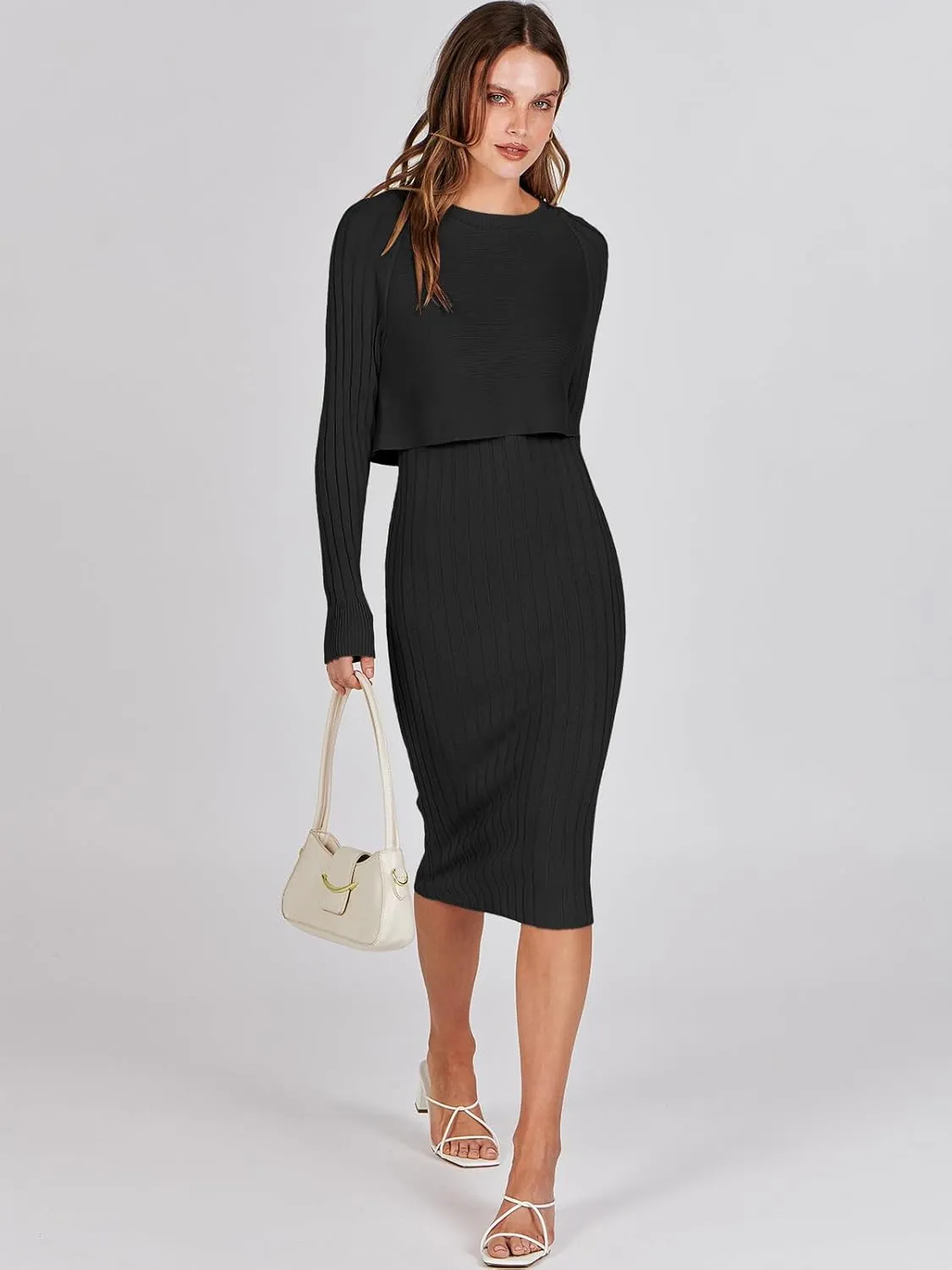 ANRABESS Womens 2 Piece Outfits Sweater Dresses Set Midi Skirt Sets Long Sleeve Crop Top Bodycon Ribbed Knit Dress 2024 Fall