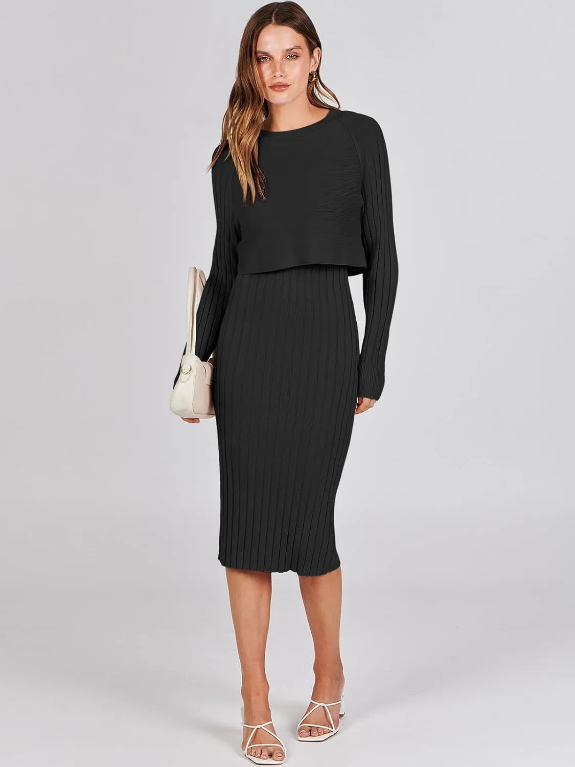 ANRABESS Womens 2 Piece Outfits Sweater Dresses Set Midi Skirt Sets Long Sleeve Crop Top Bodycon Ribbed Knit Dress 2024 Fall