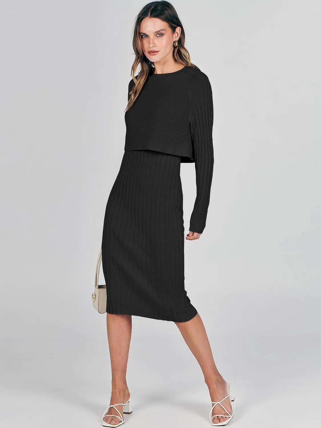 ANRABESS Womens 2 Piece Outfits Sweater Dresses Set Midi Skirt Sets Long Sleeve Crop Top Bodycon Ribbed Knit Dress 2024 Fall