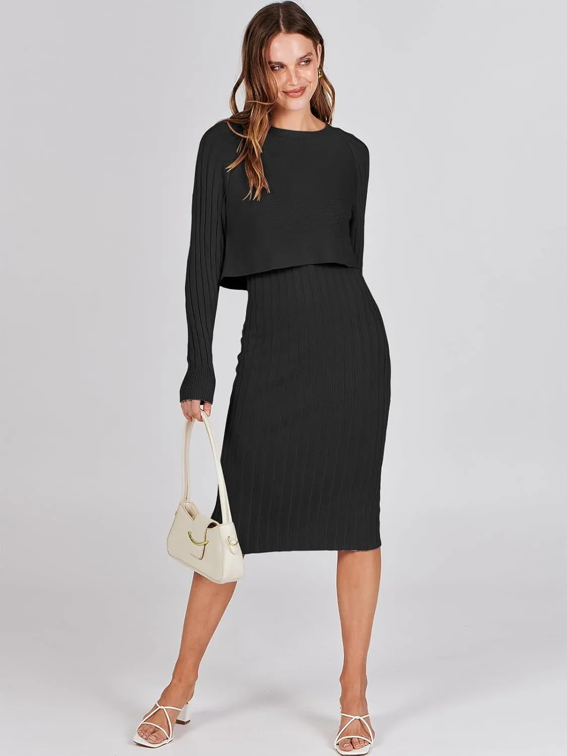 ANRABESS Womens 2 Piece Outfits Sweater Dresses Set Midi Skirt Sets Long Sleeve Crop Top Bodycon Ribbed Knit Dress 2024 Fall